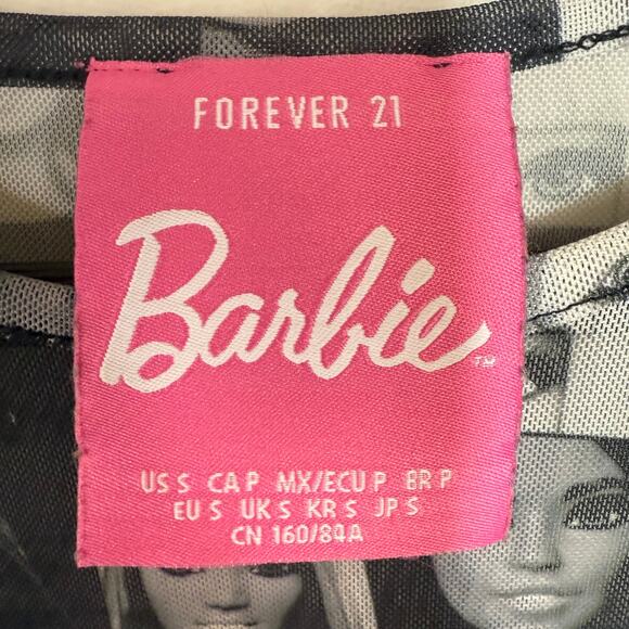 Barbie x Forever 21 Small Long Sleeve Top Sheer Mesh Doll Print Black Festival - Picture 6 of 13